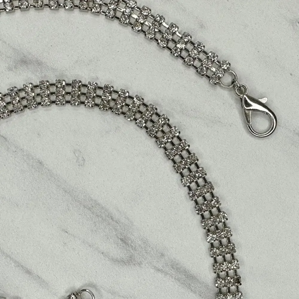 Womens Rhinestone Heart Silver Tone Multi Row Chain Link Belt Small S ✨